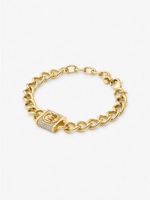Michael Kors 14k Gold-plated Brass Pave Lock Curb Link Armband Dames Goud | 348205-MFJ