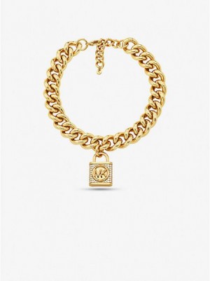 Michael Kors 14k Gold-plated Brass Pave Lock Curb Link Kettingen Dames Goud | 897304-SMY