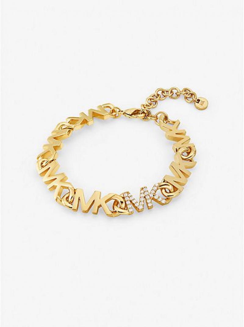Michael Kors 14k Gold Plated-plated Brass Pave Logo Chain Armband Dames Goud | 264917-FHJ